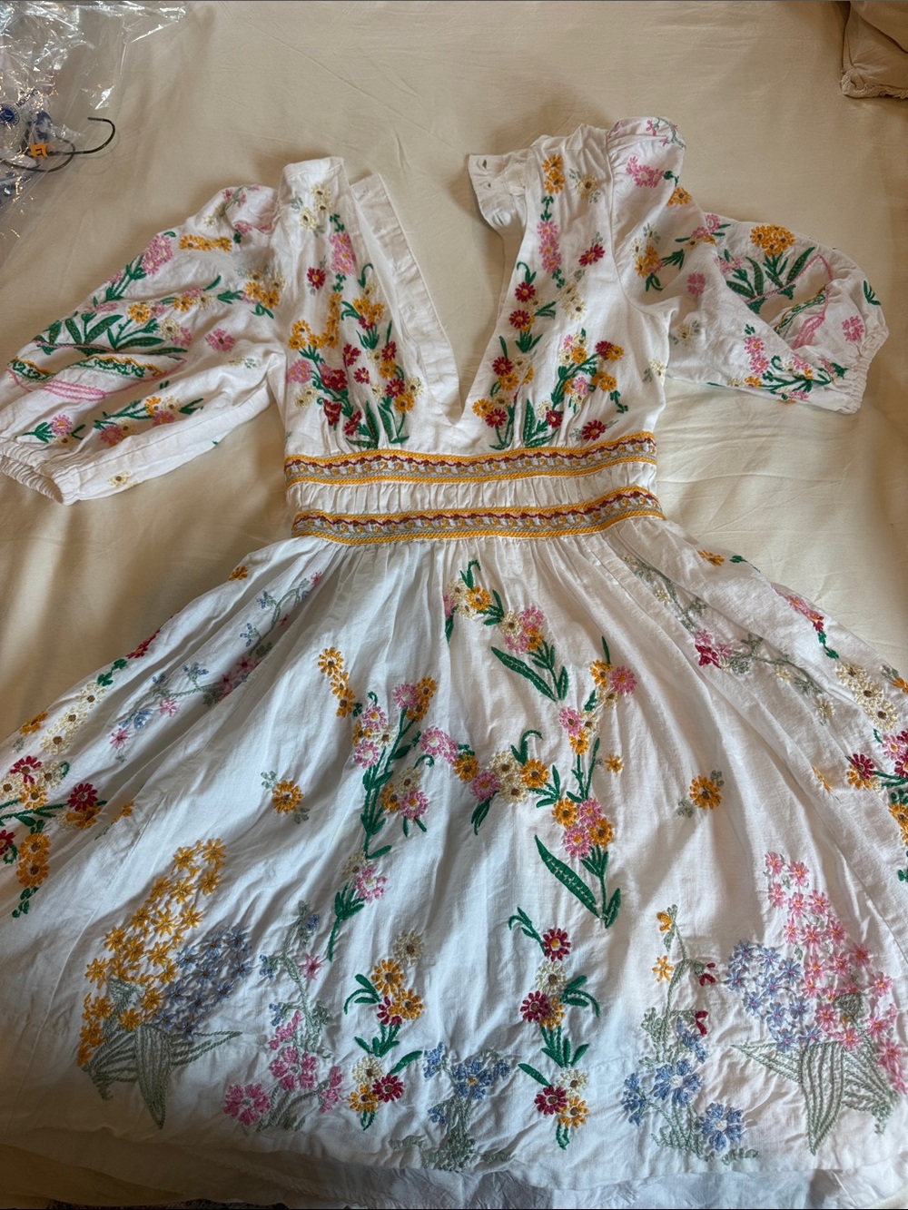 Anthropologie White Embroidered Floral Dress